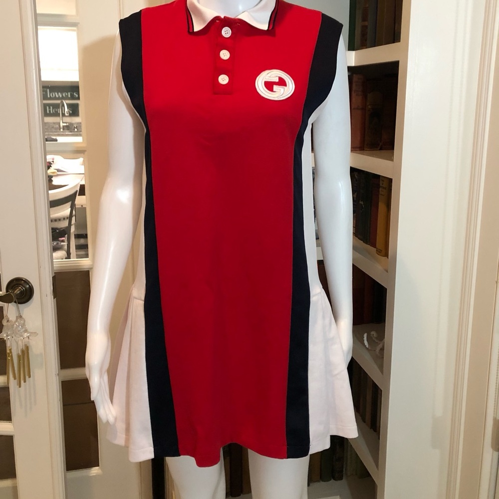 🇺🇸 Gucci Red, White and Black Shift Dress with Pleated Sides